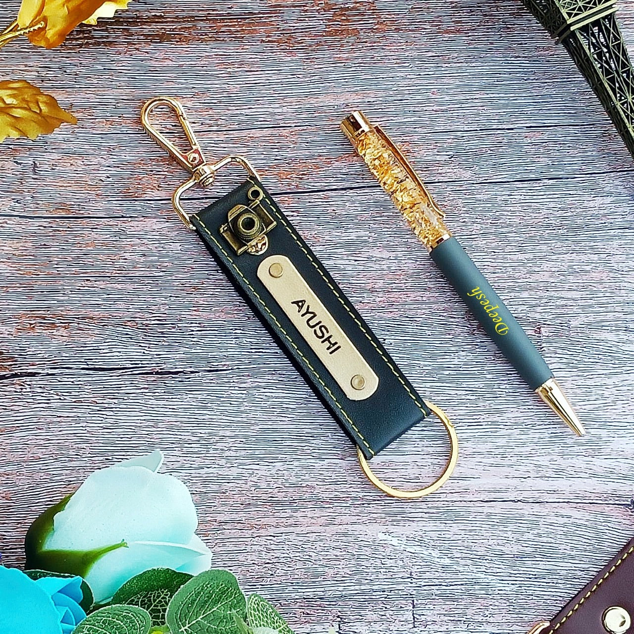 Customized Pen + leather Hook keychain combo