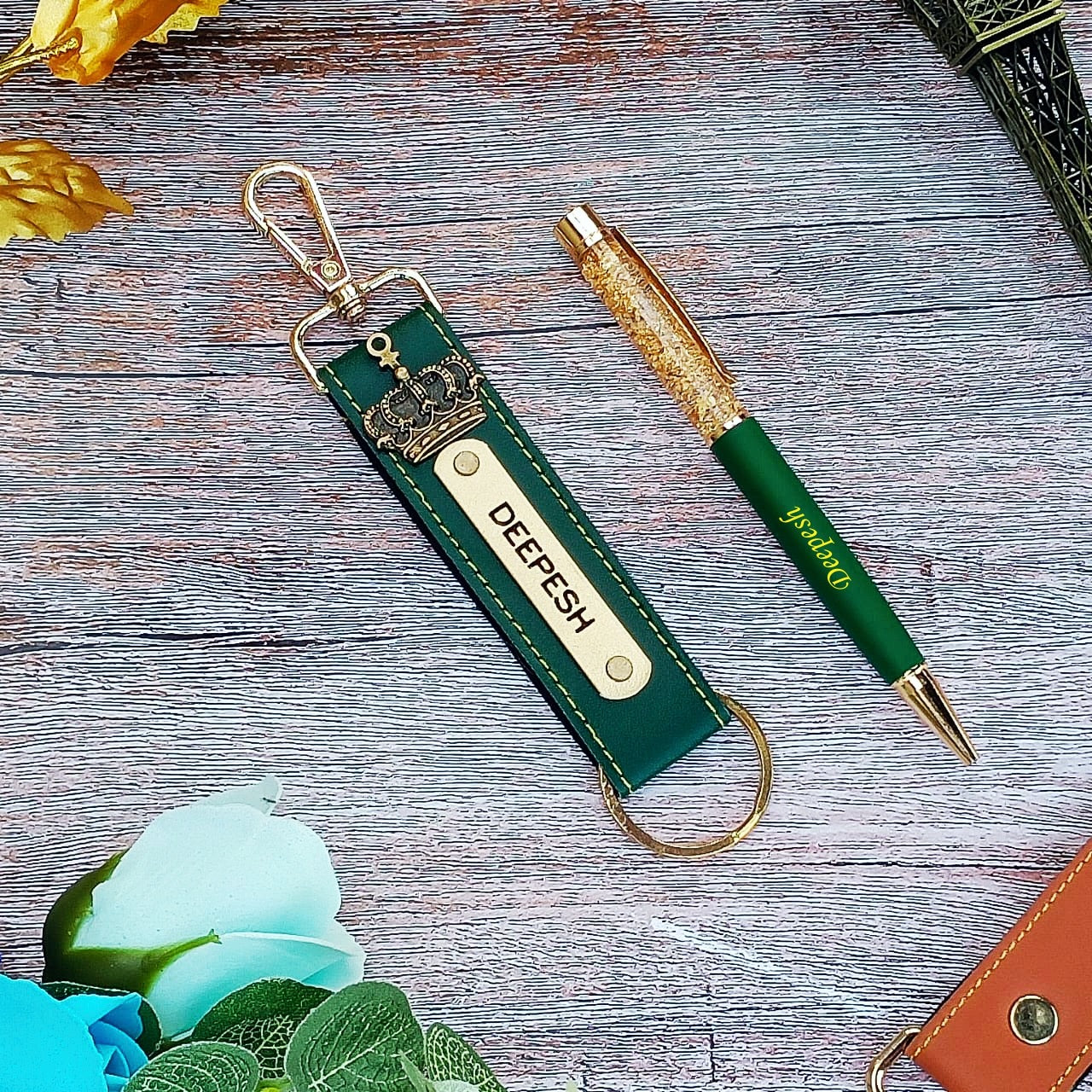 Customized Pen + leather Hook keychain combo