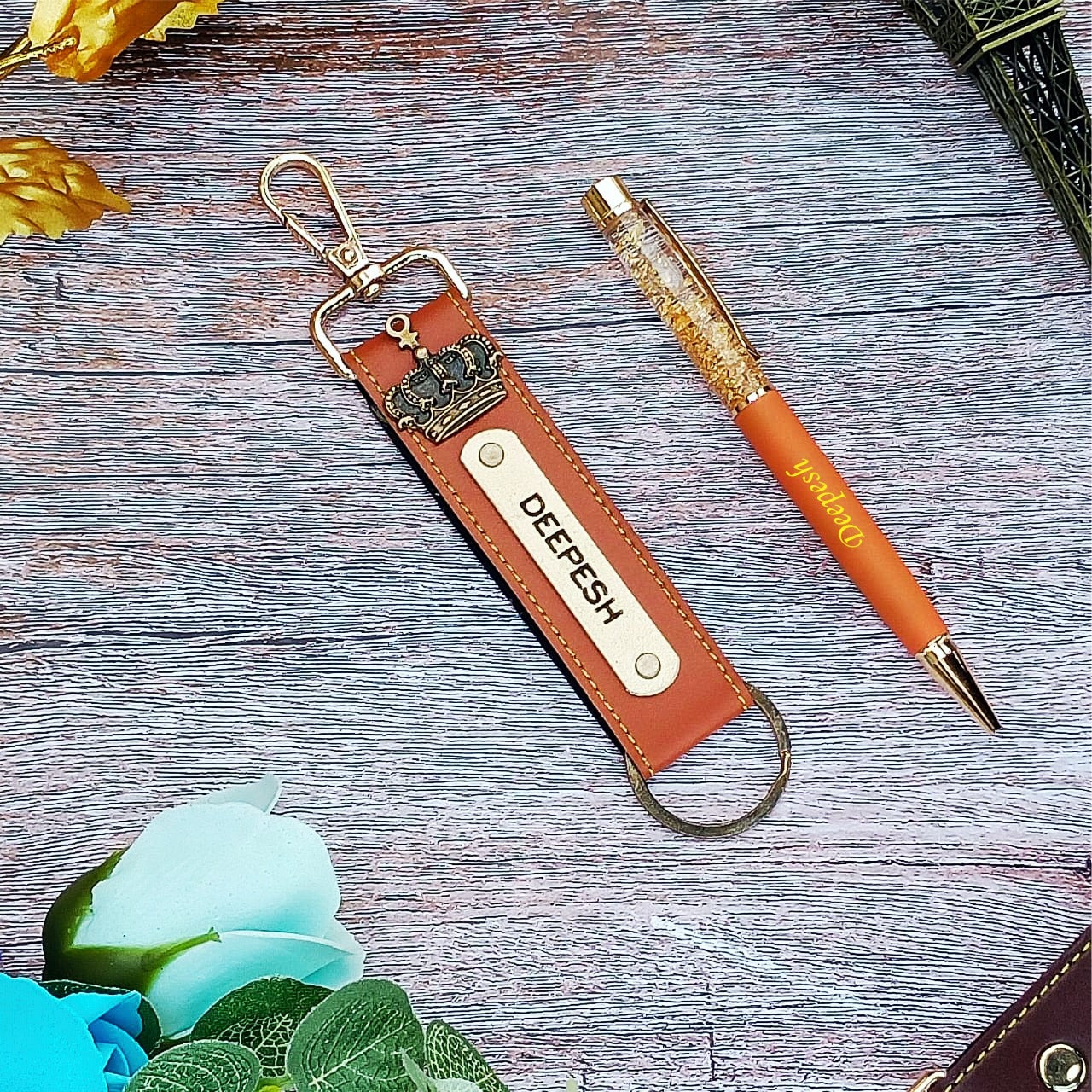 Customized Pen + leather Hook keychain combo