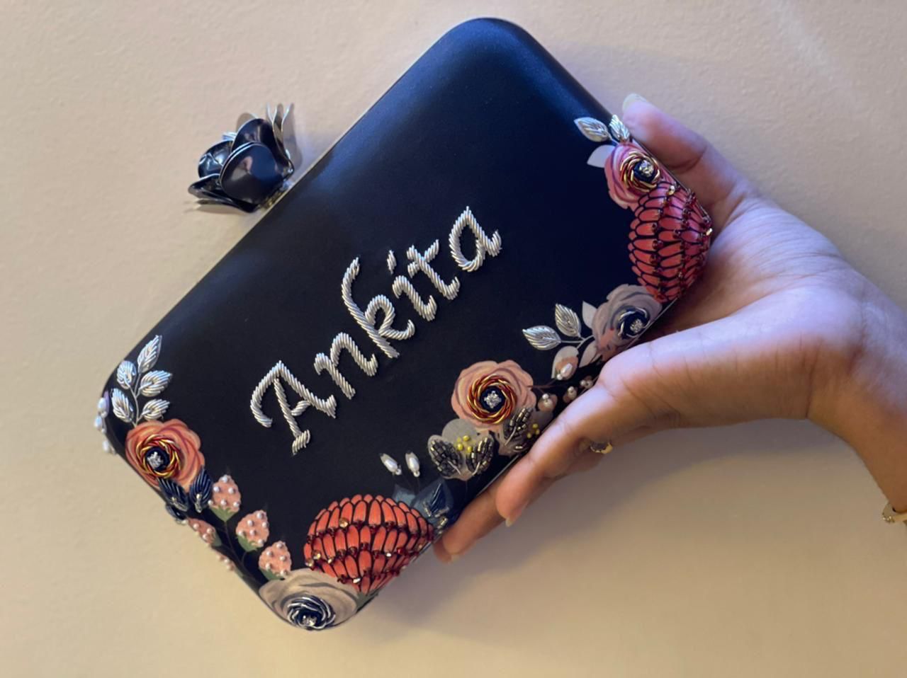 Customized Embroidery Clutch with Rose Knob